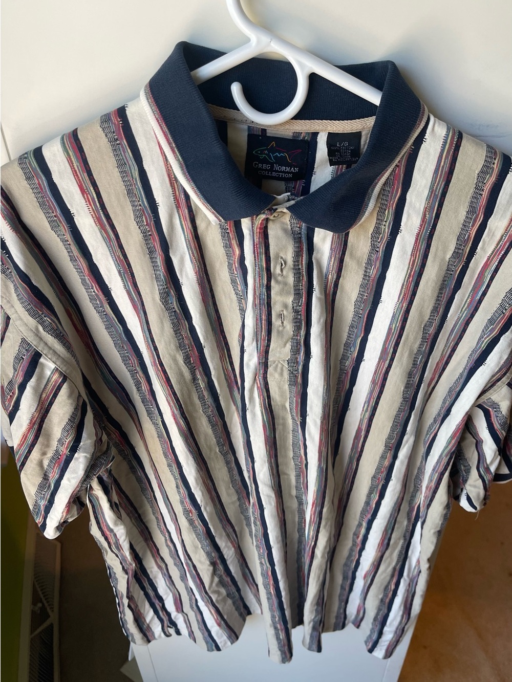 Greg Norman Collection Striped Polo in Beige, Navy & Burgundy